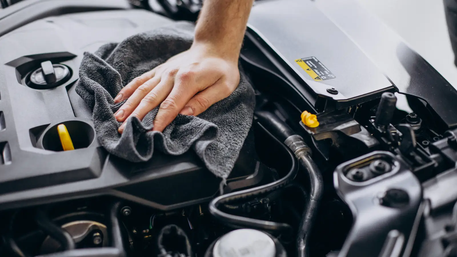 Person cleaning car engine with cloth