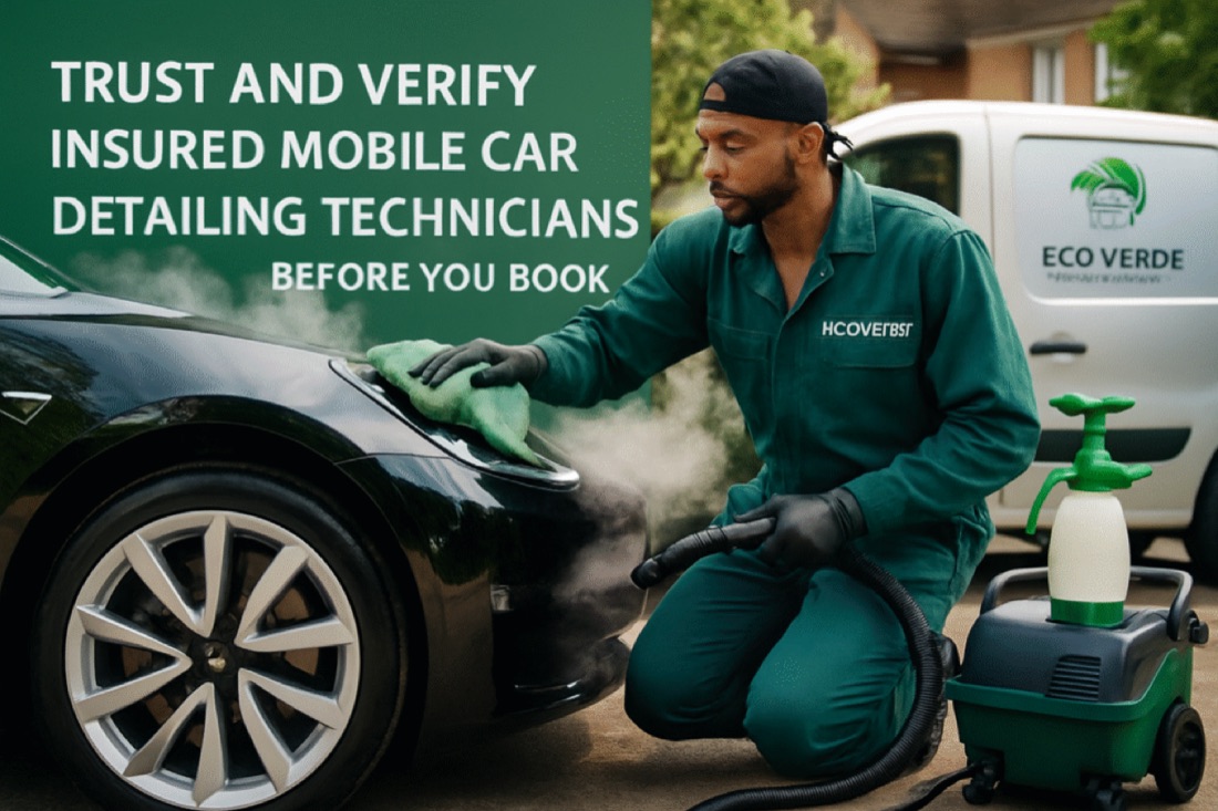 A male mobile car valeting technician in green overalls cleans a black car using a steam cleaner. A white van with ECO VERDE branding is in the background. Text reads: “Trust and verify insured mobile car valeting technicians before you book.”.